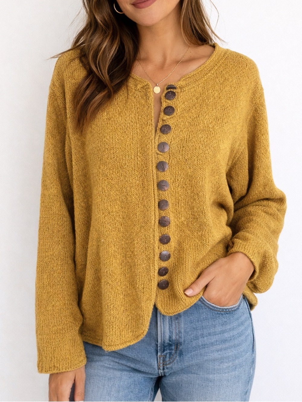 Sweater Girl Mustard Cotton Blend Button Cardigan Boho Peplum L